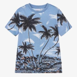BOSS Boys Blue Tropical Print Cotton T-Shirt