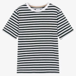BOSS Boys White & Green Striped Cotton T-Shirt