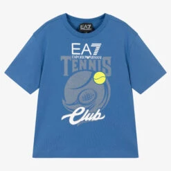 EA7 Emporio Armani Boys Blue Cotton Logo Tennis T-Shirt