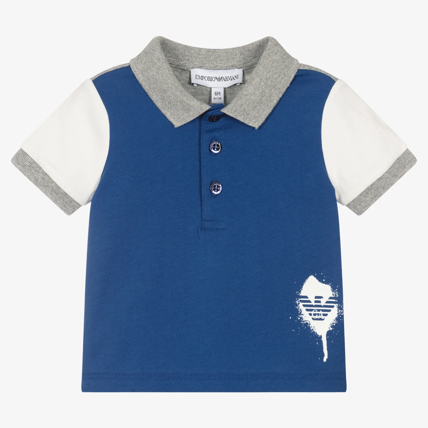 Emporio Armani Boys Blue & Grey Colourblock Polo Shirt 1 Emporio Armani Boys Blue & Grey Colourblock Polo Shirt