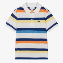 Lacoste Boys White Striped Cotton Piqué Polo Shirt