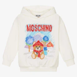 Moschino Kid-Teen Ivory Cotton Bear Logo Hoodie